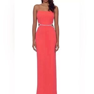 XSCAPE Women’s Side Cutout Scuba Crepe Fit and Flare Coral Maxi Dress